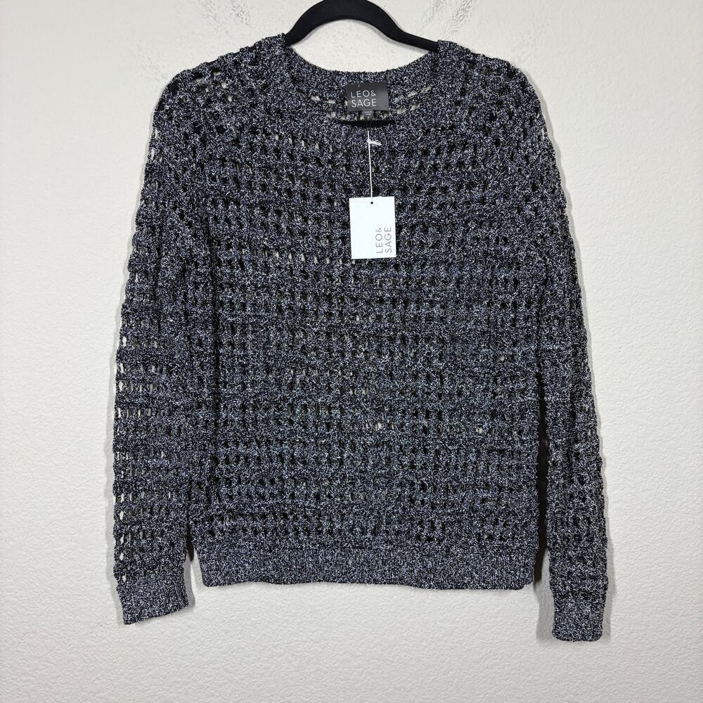 Leo & Sage Size Small Crochet Open Knit Sweater Black Cotton Blend Long Sleeves